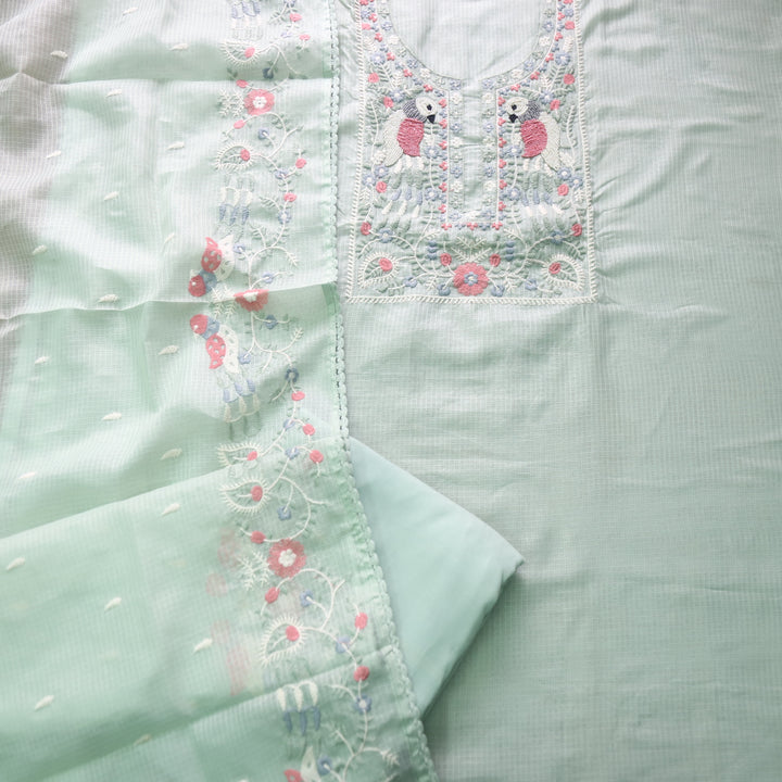 Pakhshi Mint Green Moti with Thread Embroidered Neck Kota Doriya Suit Set