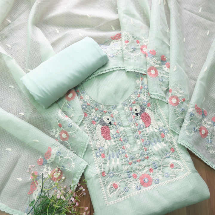 Pakhshi Mint Green Moti with Thread Embroidered Neck Kota Doriya Suit Set