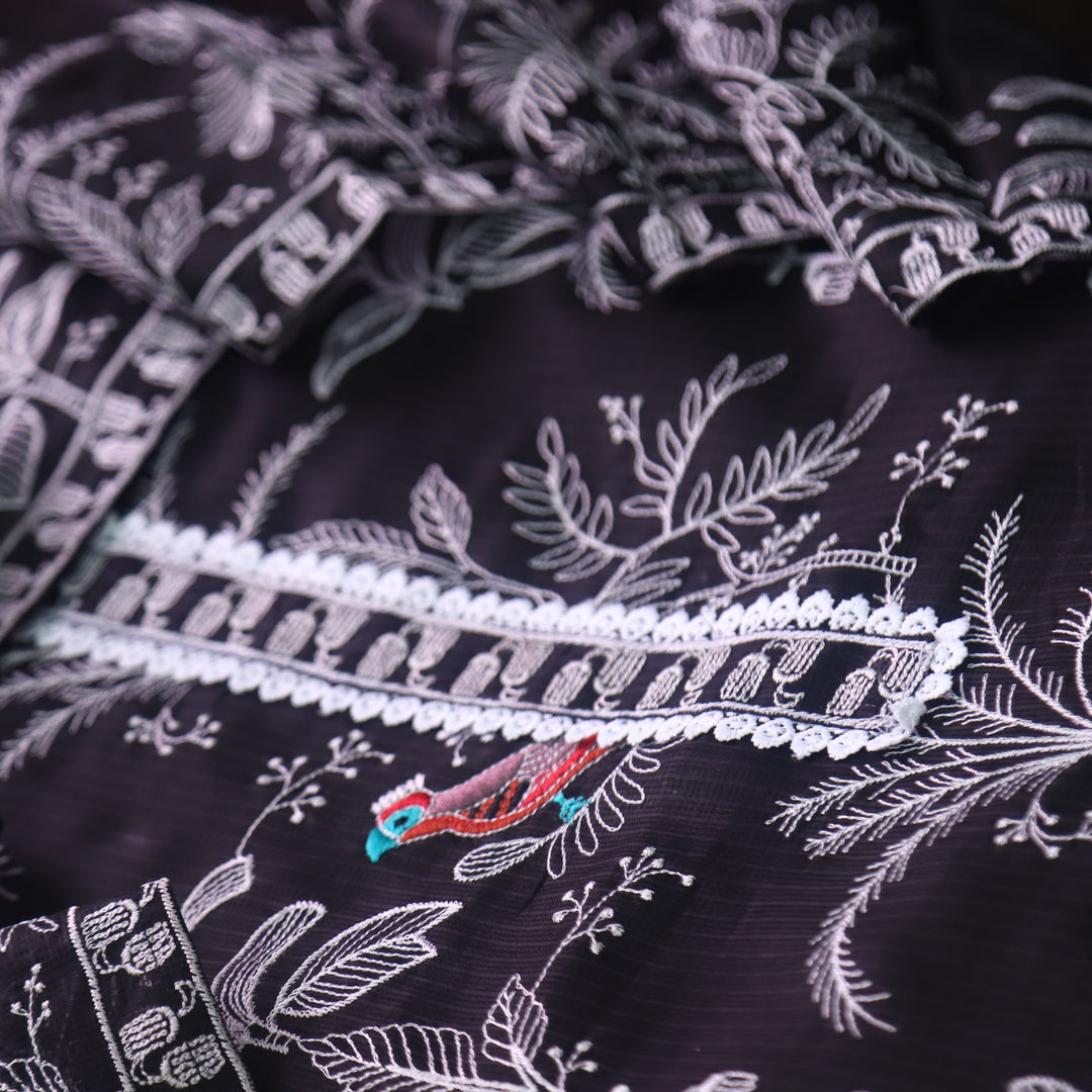 Kakashi Ebony Black All Over Thread Embroidered with Lace Work Kota Doriya Set