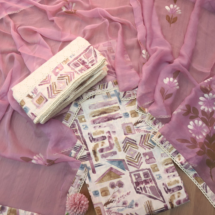Dhaang Skin Beige with Purple Abstract Print with Foil Work Cotton Suit Set