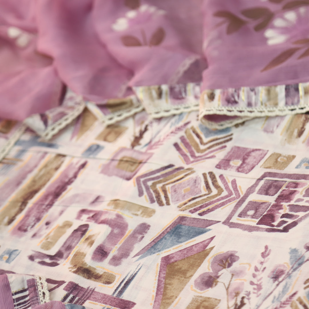 Dhaang Skin Beige with Purple Abstract Print with Foil Work Cotton Suit Set