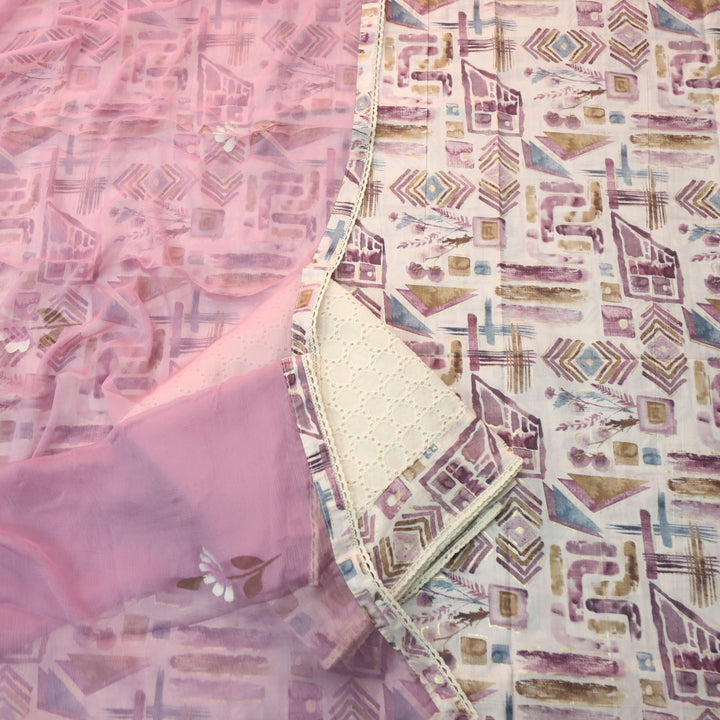 Dhaang Skin Beige with Purple Abstract Print with Foil Work Cotton Suit Set