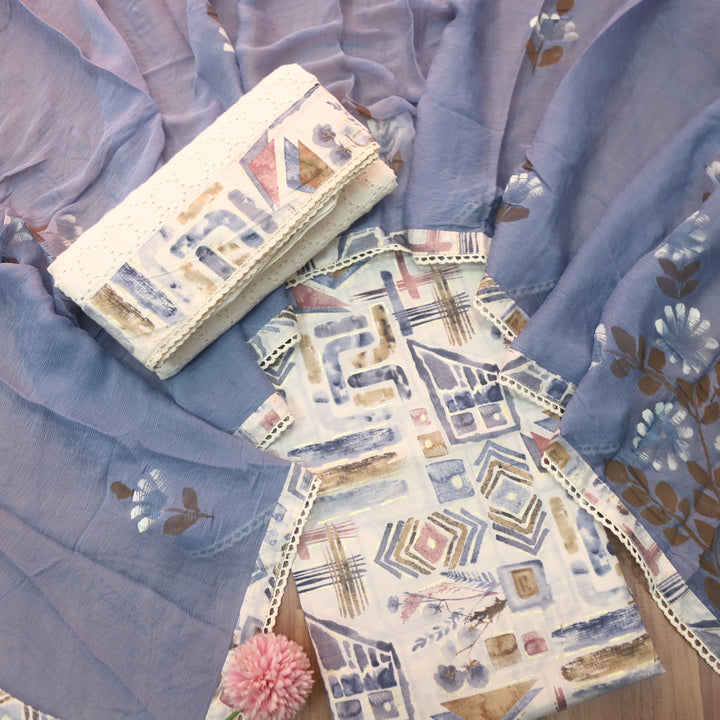 Dhaang Skin Beige with Blue Abstract Print with Foil Work Cotton Suit Set