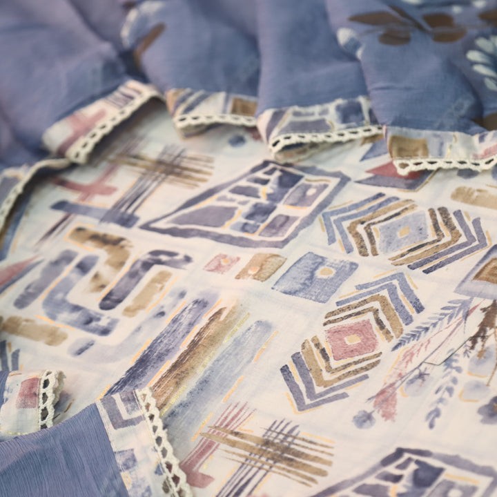 Dhaang Skin Beige with Blue Abstract Print with Foil Work Cotton Suit Set