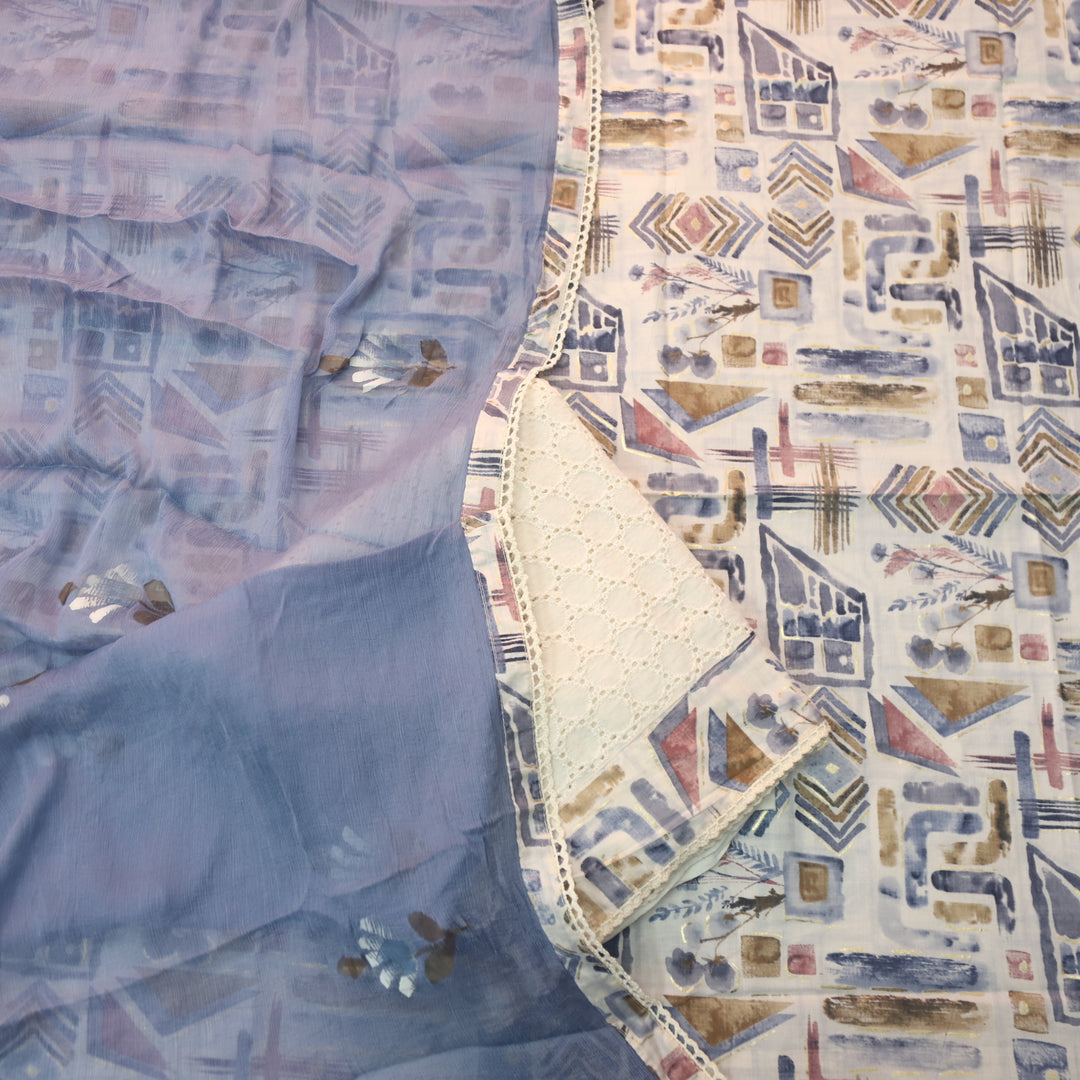 Dhaang Skin Beige with Blue Abstract Print with Foil Work Cotton Suit Set