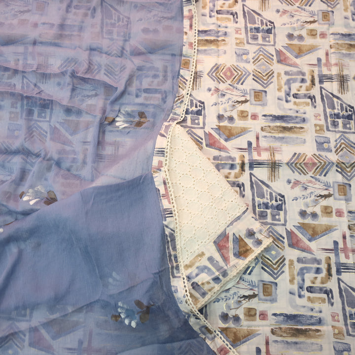Dhaang Skin Beige with Blue Abstract Print with Foil Work Cotton Suit Set