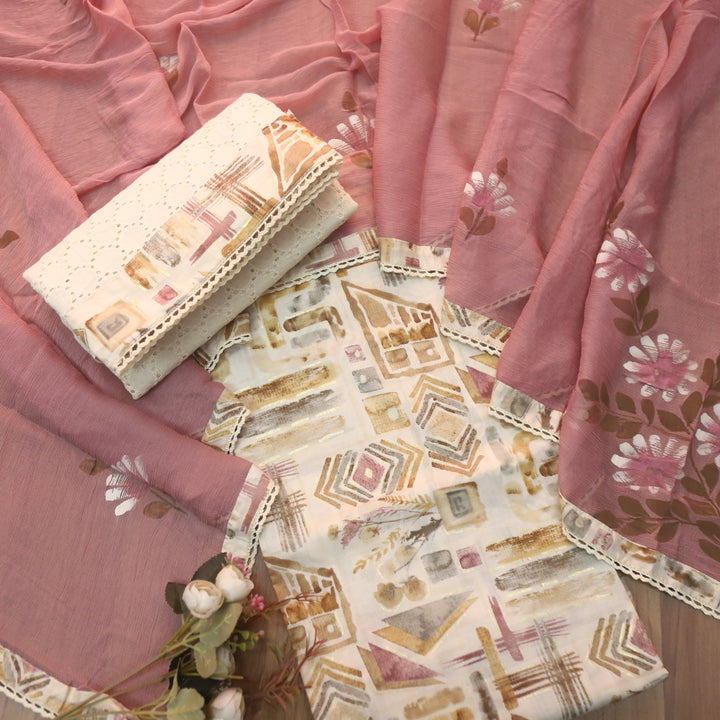 Dhaang Skin Beige with Mauve Abstract Print with Foil Work Cotton Suit Set