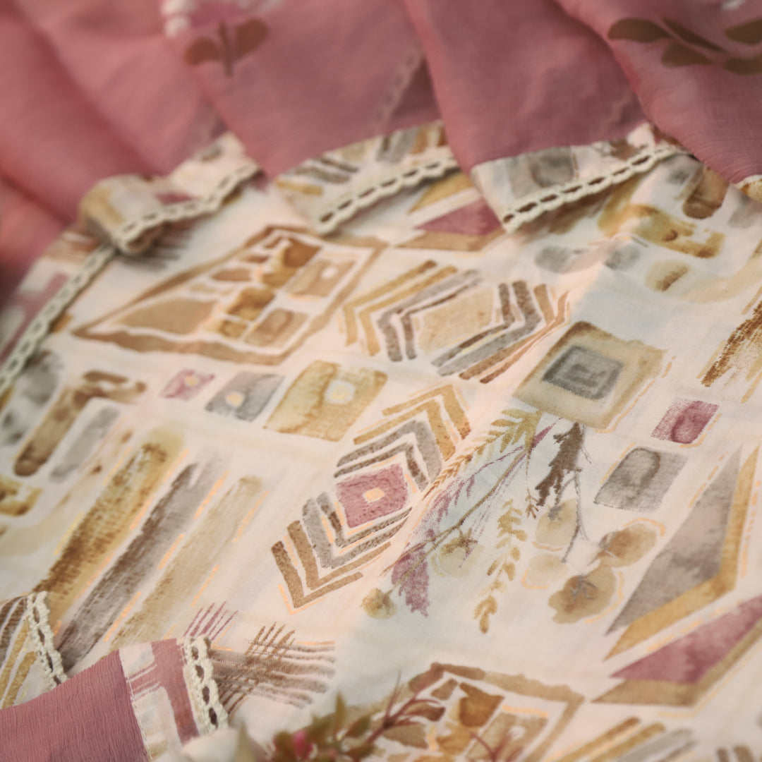 Dhaang Skin Beige with Mauve Abstract Print with Foil Work Cotton Suit Set