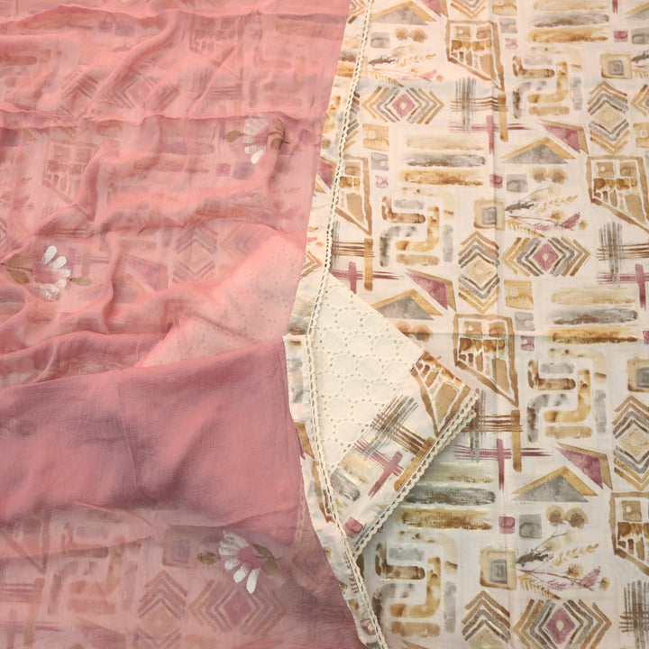 Dhaang Skin Beige with Mauve Abstract Print with Foil Work Cotton Suit Set
