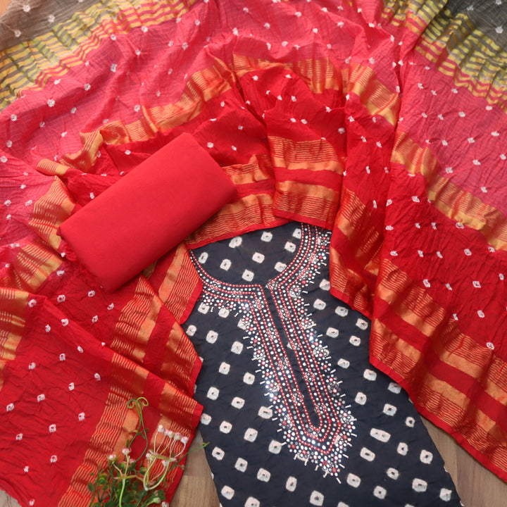 Bandegi Charcoal Black Authentic Bandhej with Embellish Neck Cotton Suit Set