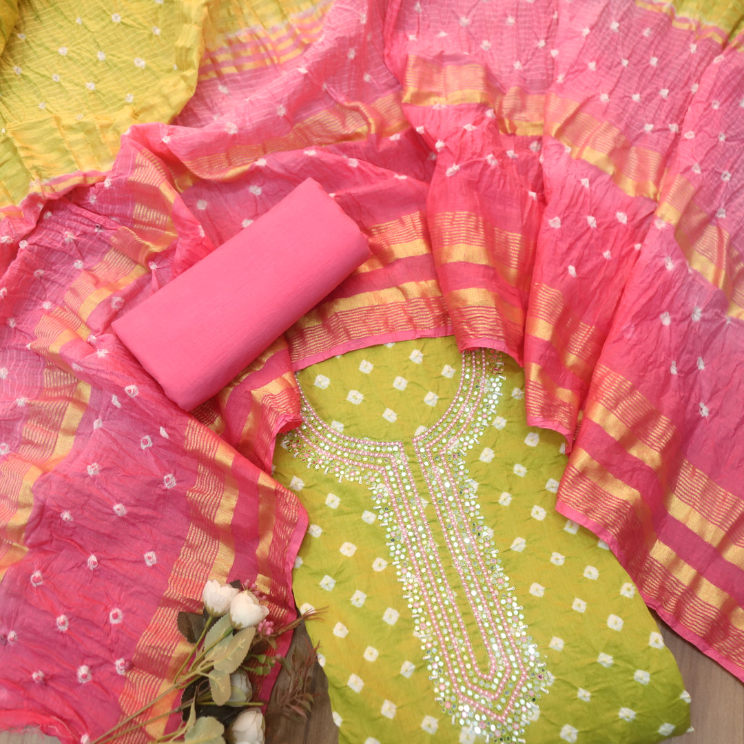 Bandegi Leaf Green Authentic Bandhej with Embellish Neck Cotton Suit Set