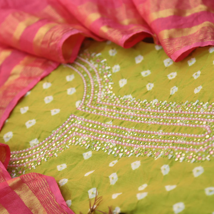 Bandegi Leaf Green Authentic Bandhej with Embellish Neck Cotton Suit Set
