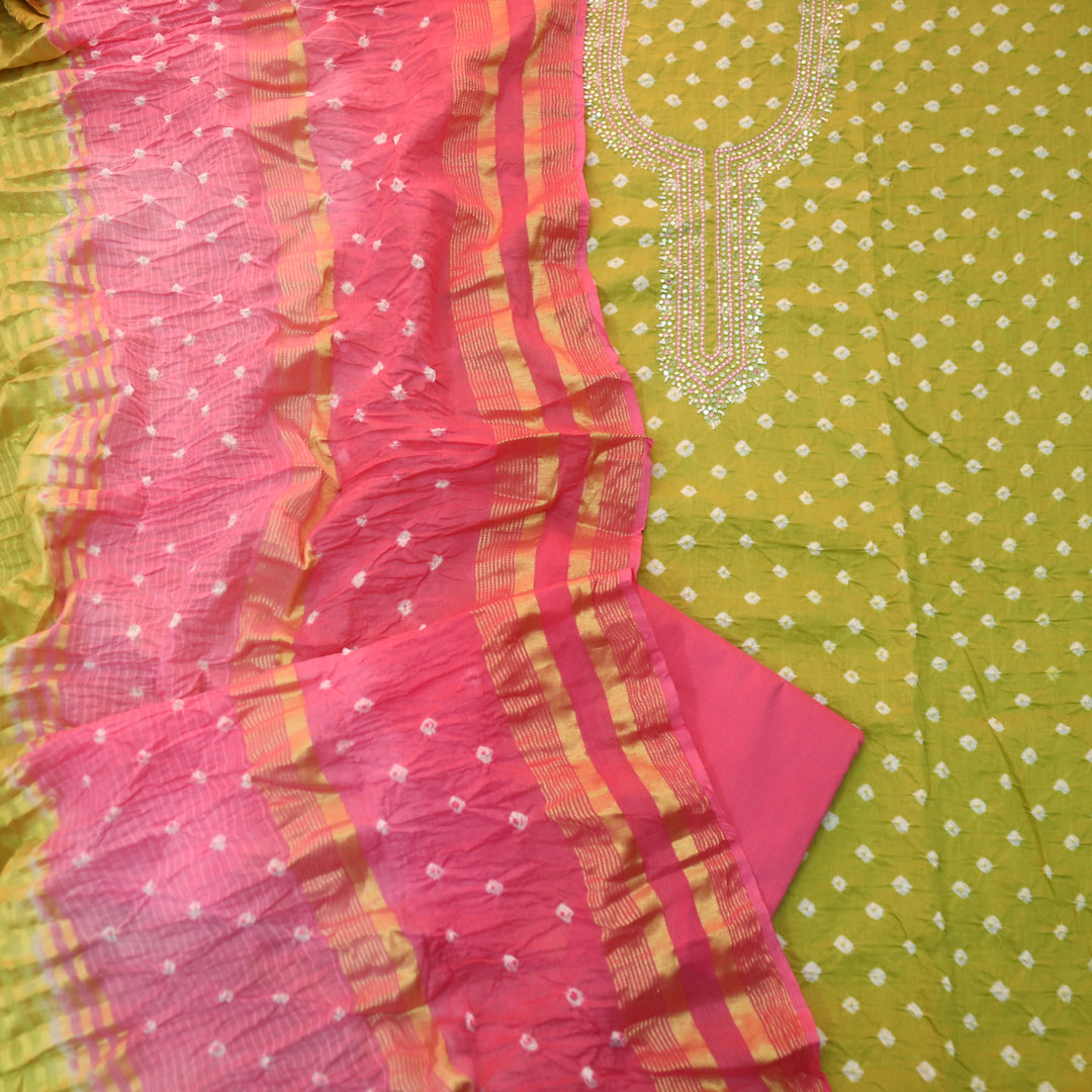 Bandegi Leaf Green Authentic Bandhej with Embellish Neck Cotton Suit Set