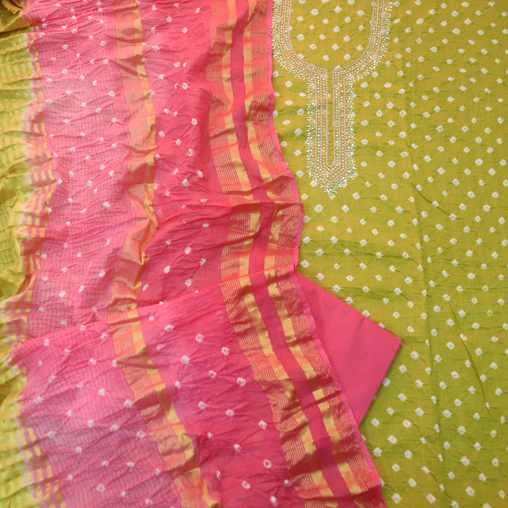 Bandegi Leaf Green Authentic Bandhej with Embellish Neck Cotton Suit Set