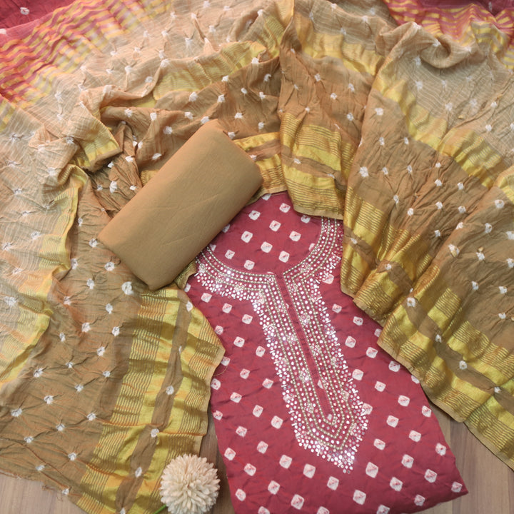Bandegi Mulberry Mauve Authentic Bandhej with Embellish Neck Cotton Suit Set