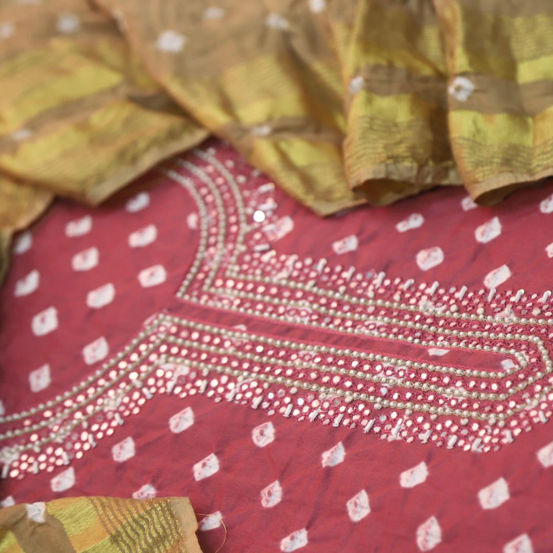 Bandegi Mulberry Mauve Authentic Bandhej with Embellish Neck Cotton Suit Set