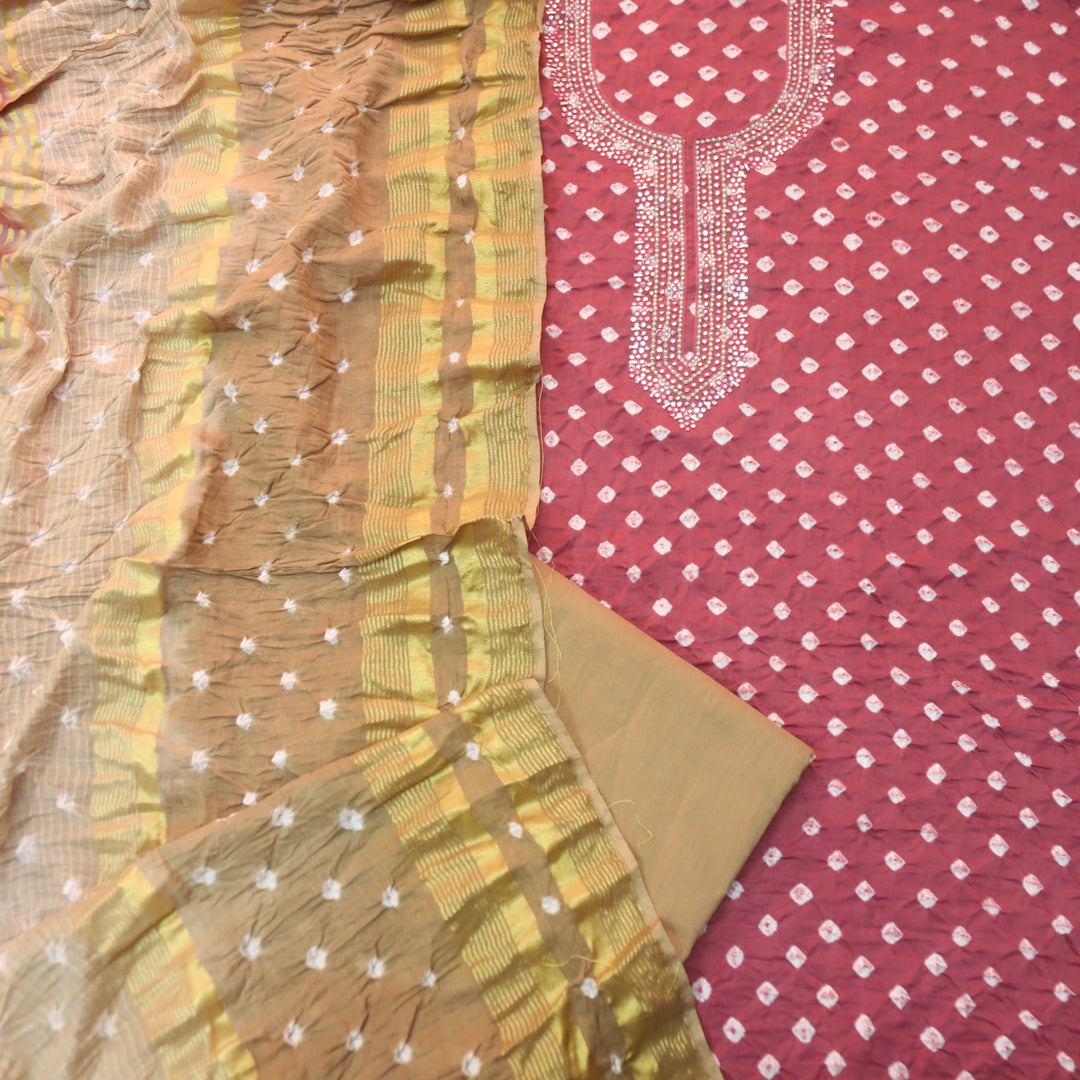 Bandegi Mulberry Mauve Authentic Bandhej with Embellish Neck Cotton Suit Set