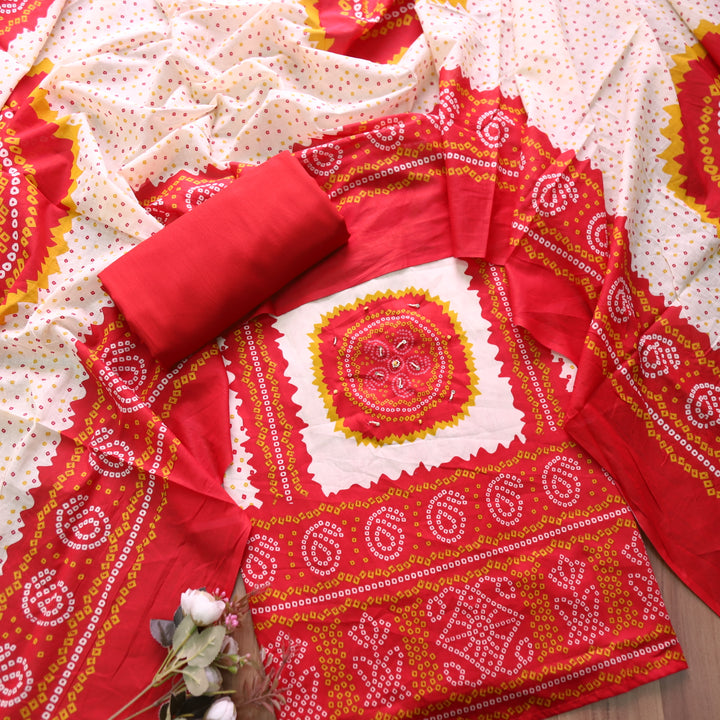 Kaash Maharani Red Morti Work Bandhani Printed Jam Cotton Suit Set