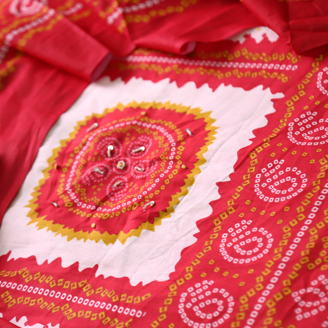 Kaash Maharani Red Morti Work Bandhani Printed Jam Cotton Suit Set