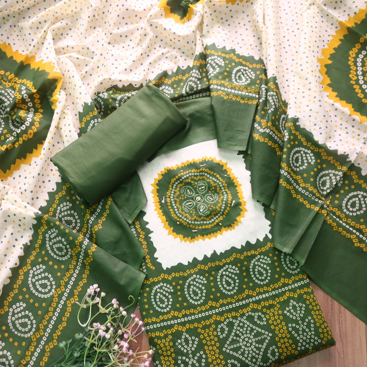 Kaash Sacramento Green Morti Work Bandhani Printed Jam Cotton Suit Set