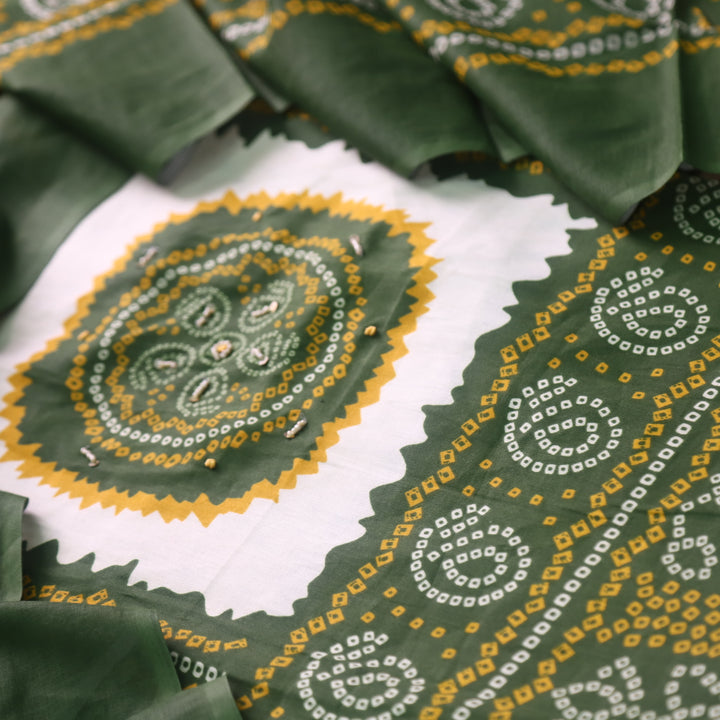 Kaash Sacramento Green Morti Work Bandhani Printed Jam Cotton Suit Set