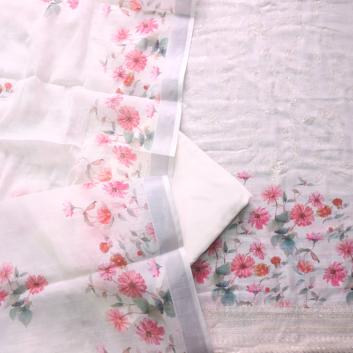 Himayati Cream White Printed with Thread Detailing Hem Cotton linen Suit Set