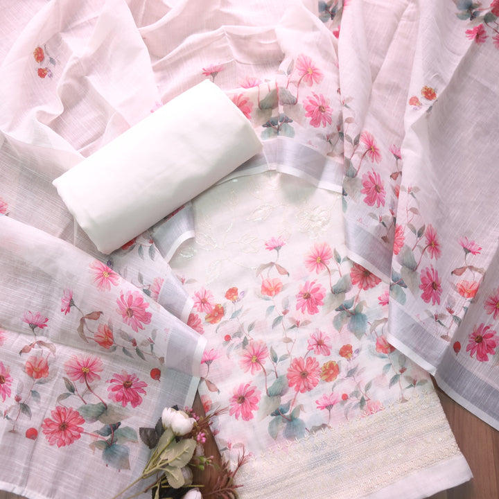 Himayati Cream White Printed with Thread Detailing Hem Cotton linen Suit Set