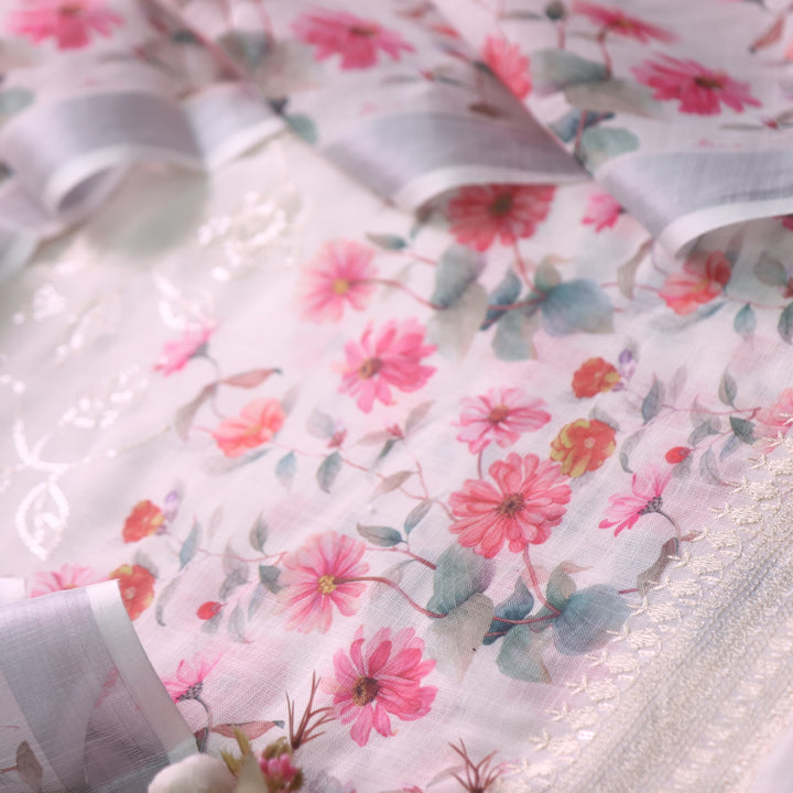 Himayati Cream White Printed with Thread Detailing Hem Cotton linen Suit Set