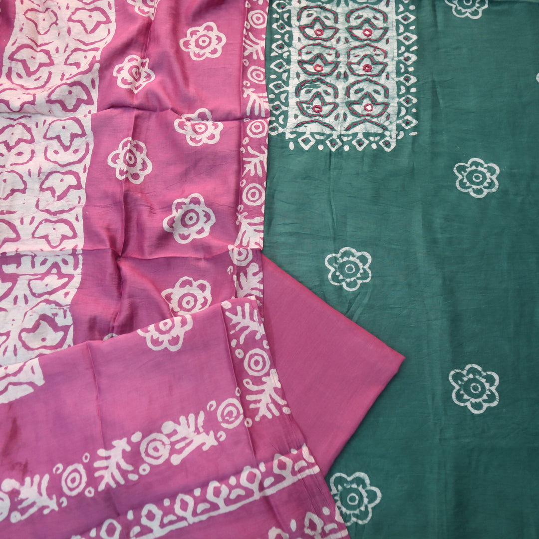 Sulari Sage Green French Knot Batik Print Neck Chanderi Suit Set