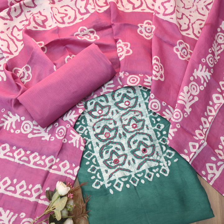 Sulari Sage Green French Knot Batik Print Neck Chanderi Suit Set