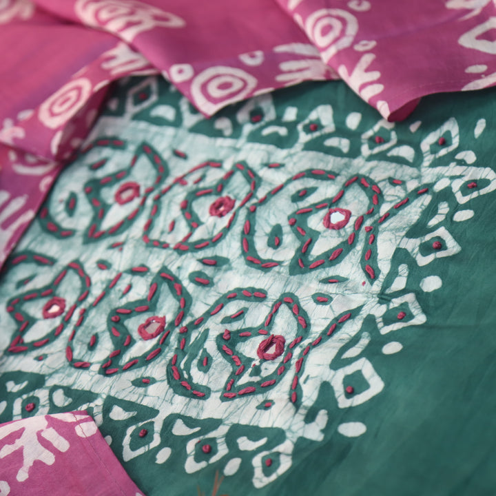 Sulari Sage Green French Knot Batik Print Neck Chanderi Suit Set