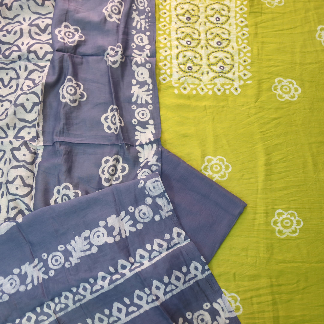 Sulari Bright Corn Yellow French Knot Batik Print Neck Chanderi Suit Set