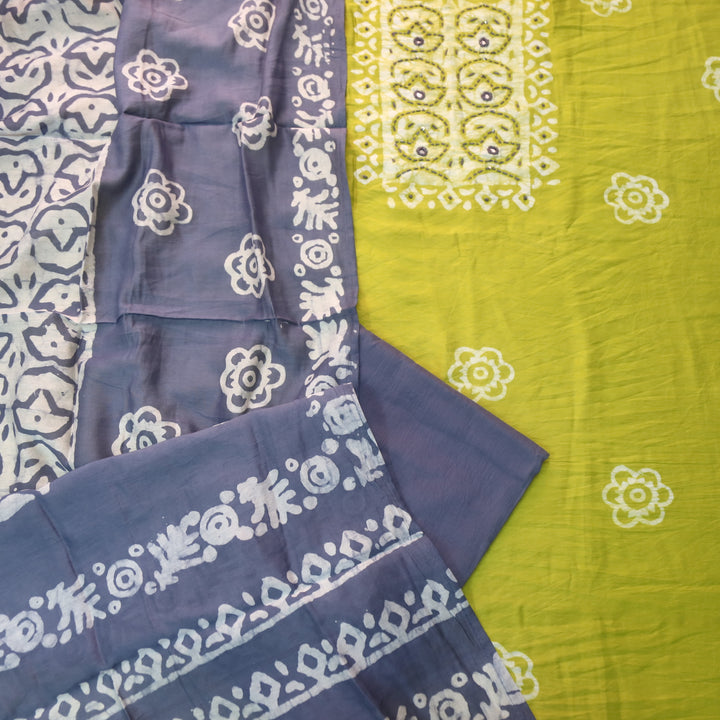 Sulari Bright Corn Yellow French Knot Batik Print Neck Chanderi Suit Set