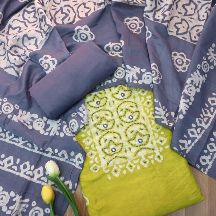 Sulari Bright Corn Yellow French Knot Batik Print Neck Chanderi Suit Set