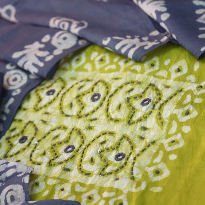Sulari Bright Corn Yellow French Knot Batik Print Neck Chanderi Suit Set