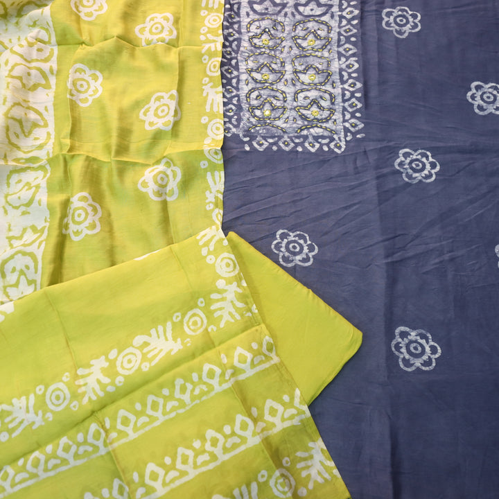 Sulari Grape Purple French Knot Batik Print Neck Chanderi Suit Set