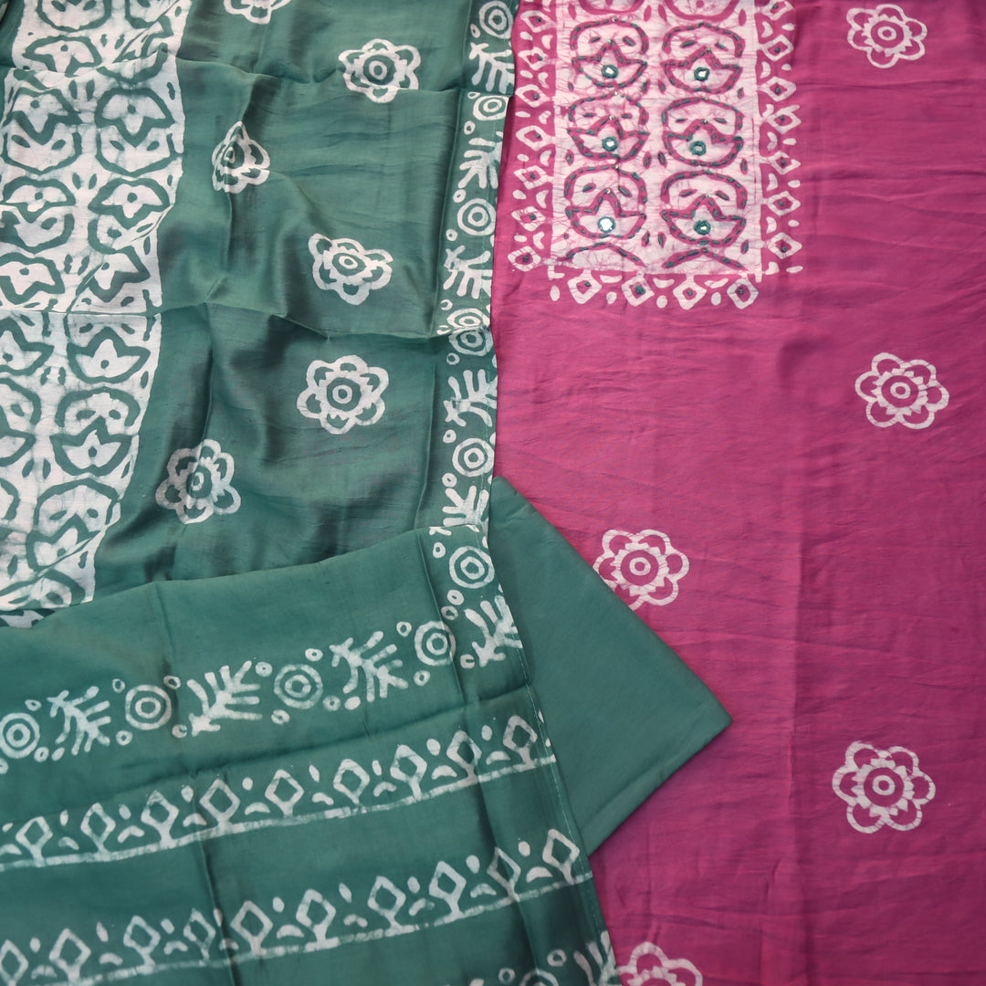 Sulari Onion Purple French Knot Batik Print Neck Chanderi Suit Set