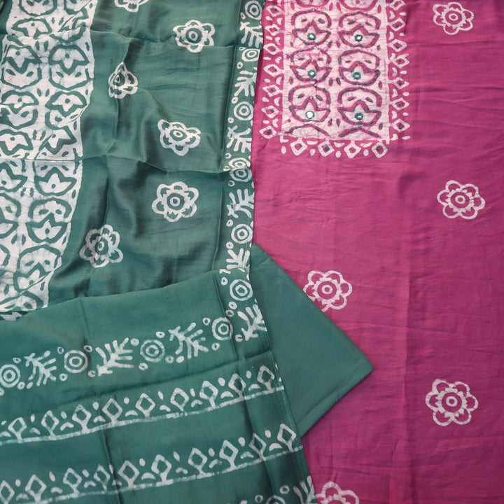 Sulari Onion Purple French Knot Batik Print Neck Chanderi Suit Set