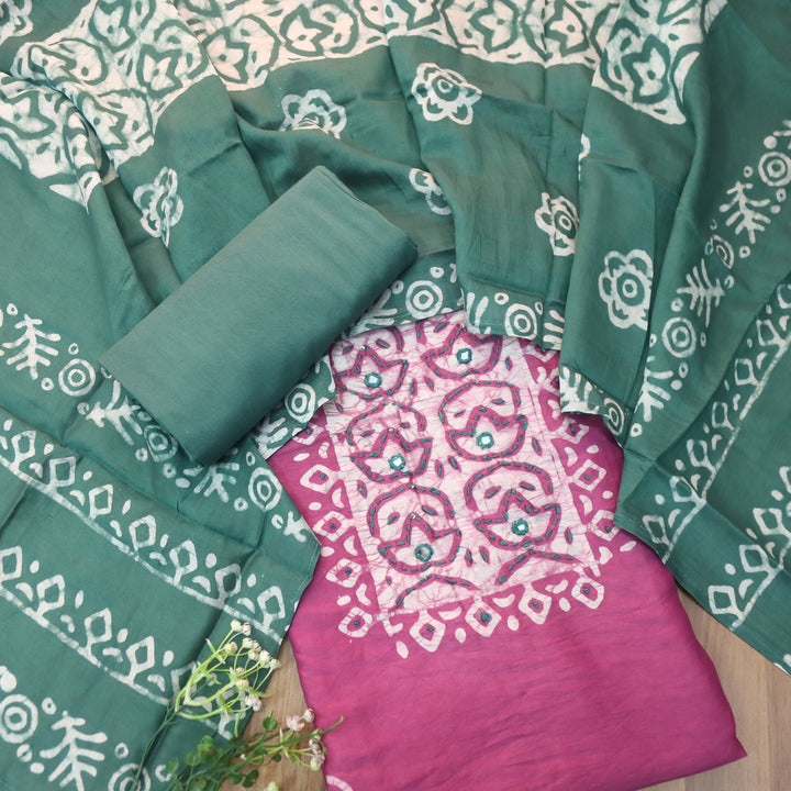 Sulari Onion Purple French Knot Batik Print Neck Chanderi Suit Set