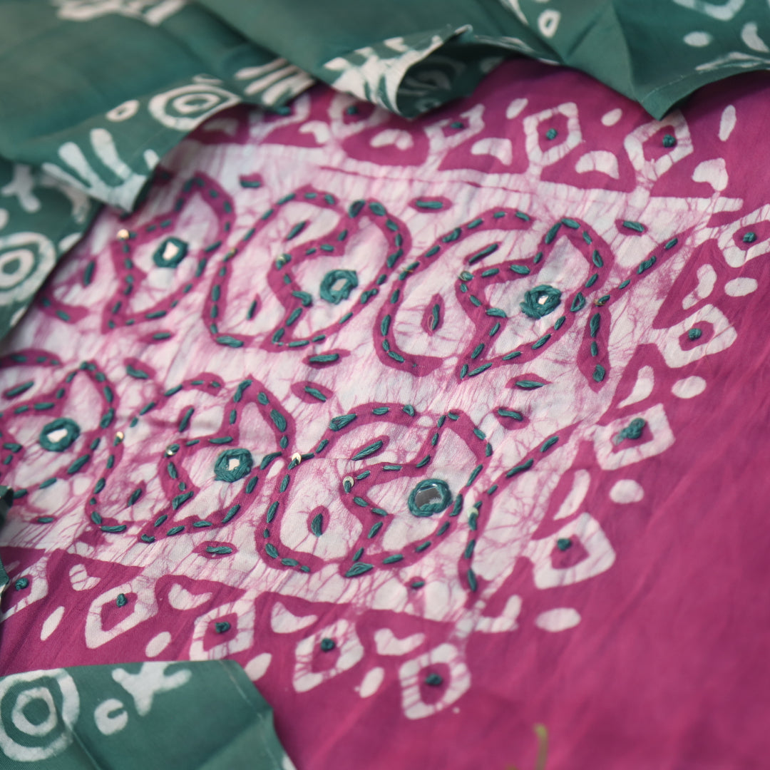 Sulari Onion Purple French Knot Batik Print Neck Chanderi Suit Set