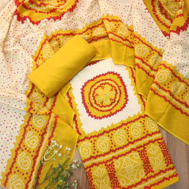 Kaash Sunflower Yellow Morti Work Bandhani Printed Jam Cotton Suit Set