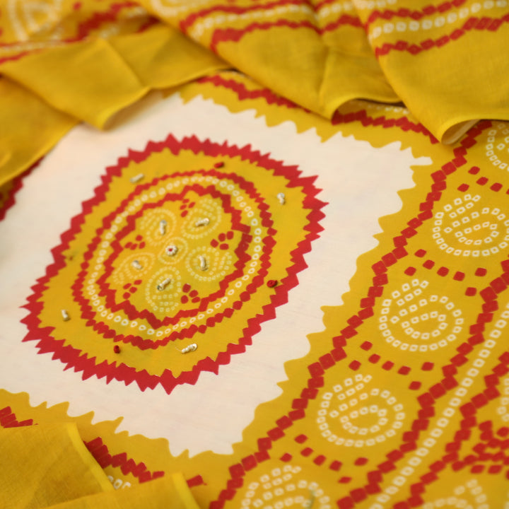 Kaash Sunflower Yellow Morti Work Bandhani Printed Jam Cotton Suit Set