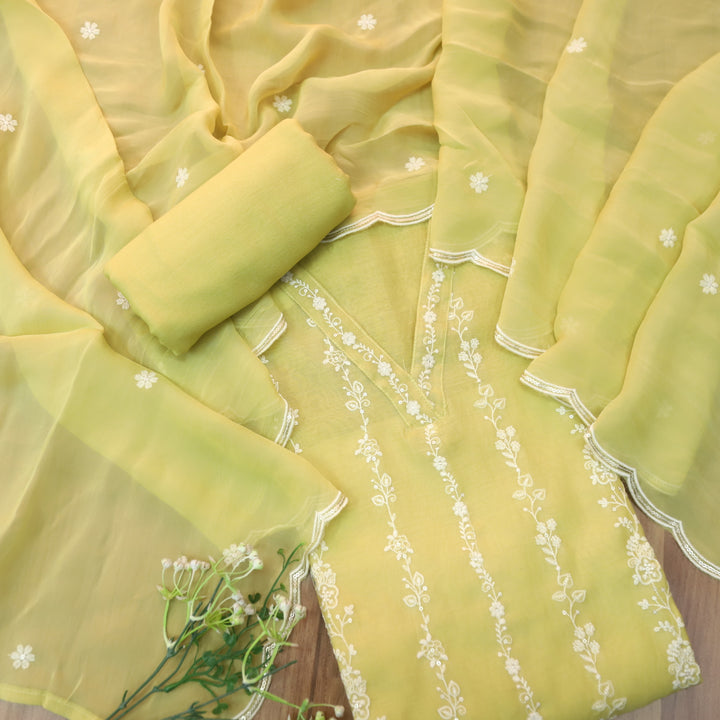 Aaayena Crayola Yellow V Neck Thread Embroidered Sheer Muslin Suit Set