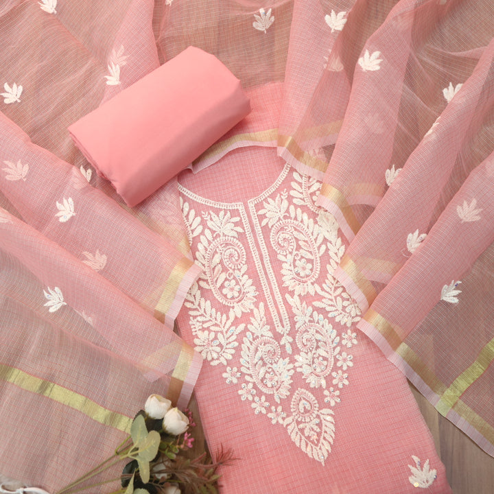 Sundri Coral Blush Moti Work with Thread Neck Kota Doriya Suit Set D2