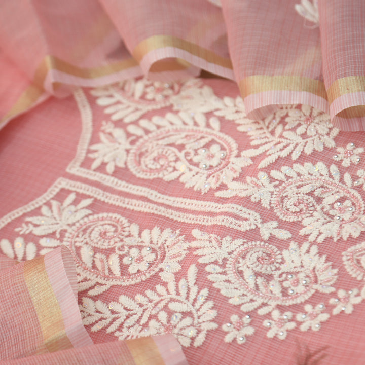 Sundri Coral Blush Moti Work with Thread Neck Kota Doriya Suit Set D2