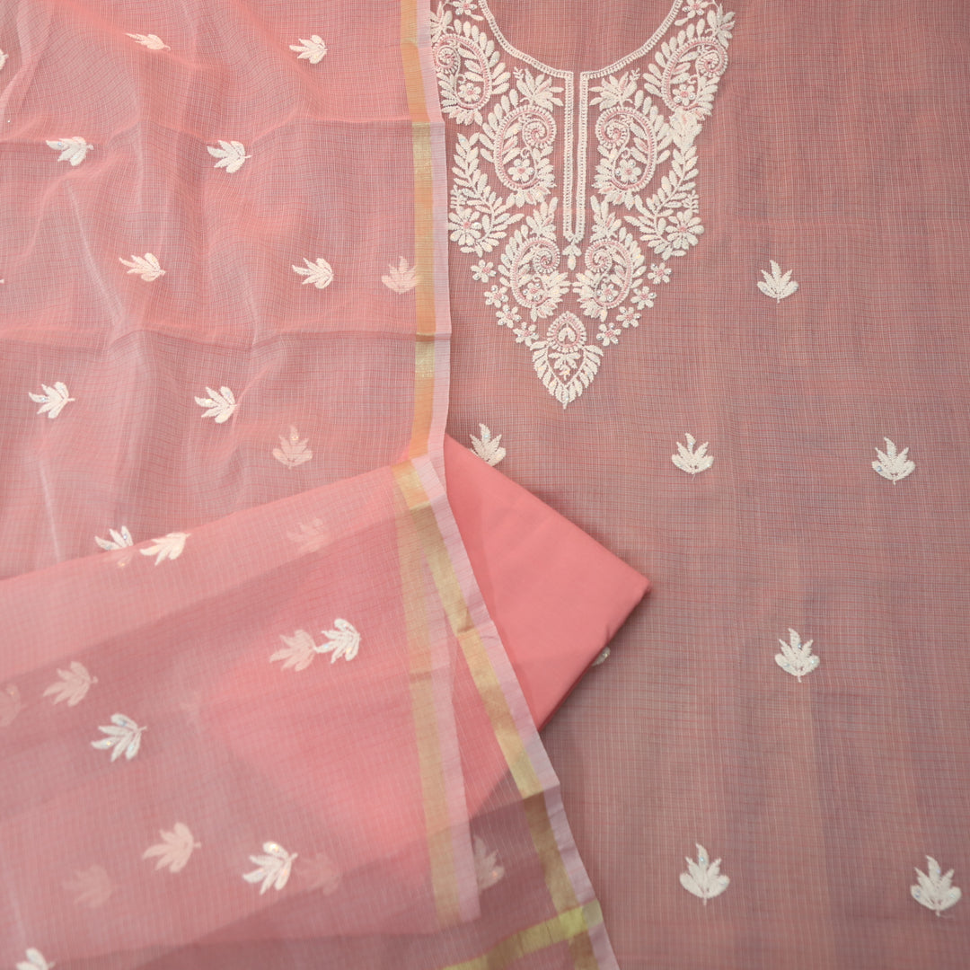 Sundri Coral Blush Moti Work with Thread Neck Kota Doriya Suit Set D2