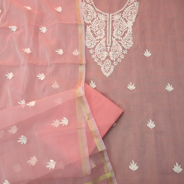 Sundri Coral Blush Moti Work with Thread Neck Kota Doriya Suit Set D2