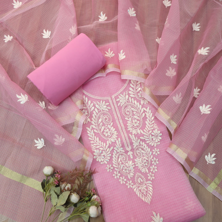 Sundri Flamingo Pink Moti Work with Thread Neck Kota Doriya Suit Set-D2