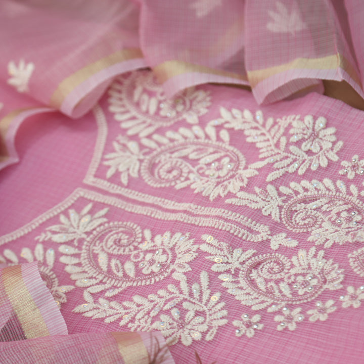 Sundri Flamingo Pink Moti Work with Thread Neck Kota Doriya Suit Set-D2