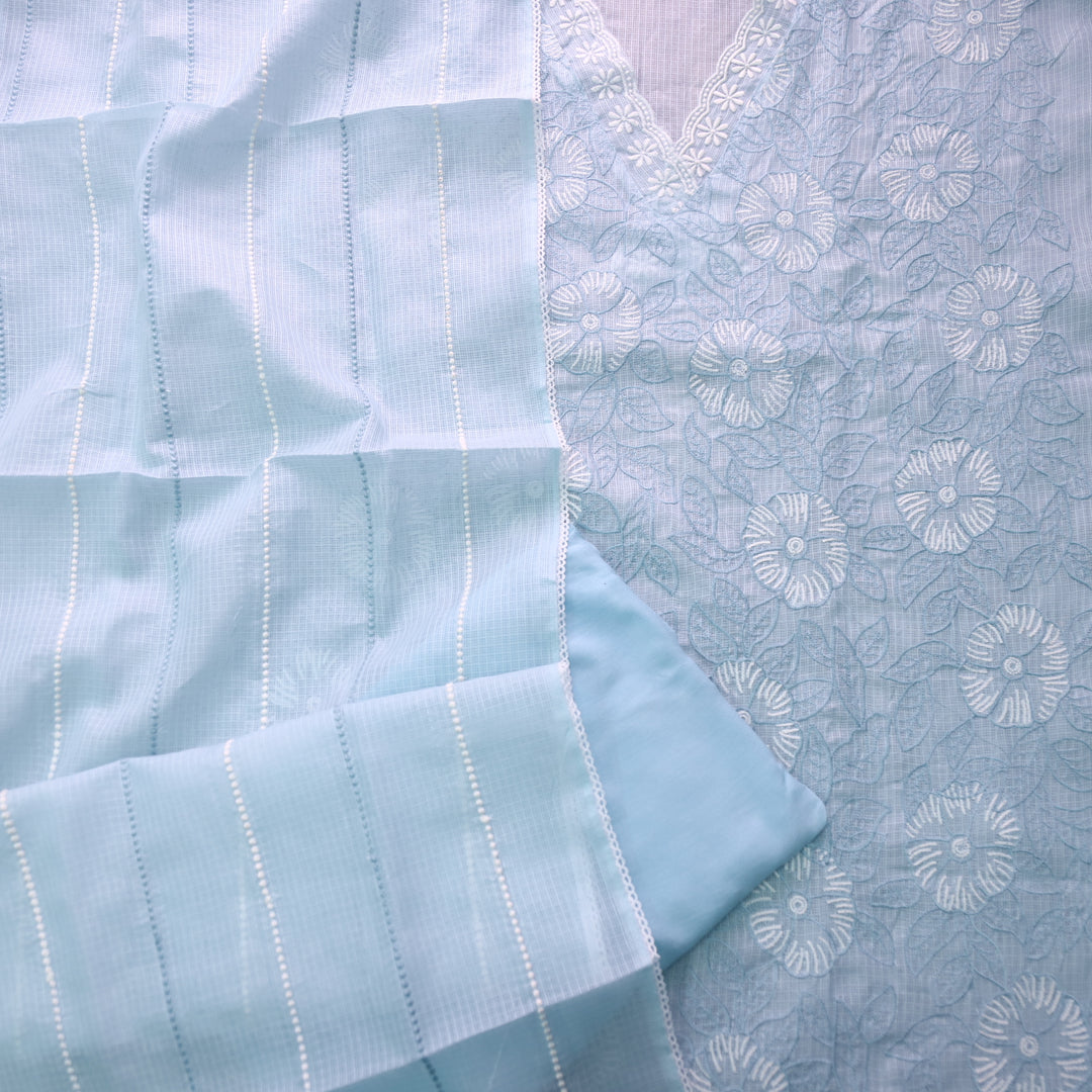 Meherba Sky Blue V Neck lace All Over Thread Work Kota Doriya Suit Set